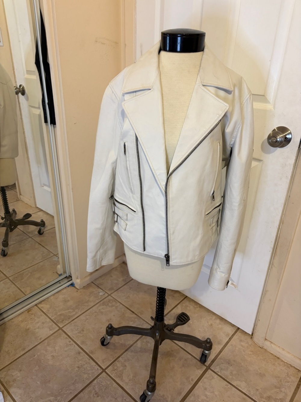 White Leather Moto Jacket with Asymmetric Zip
